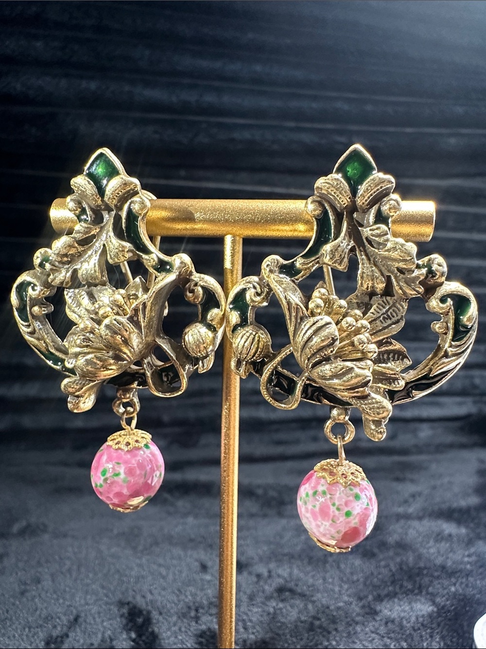 Kenneth Jay Lane Gold Filigree Earrings with Pink Floral Drops and Green Accents